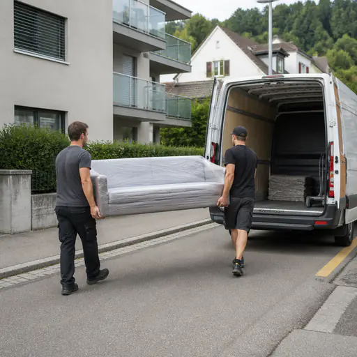 Möbelentsorgung mit Abholservice Möbelabholung: Sofa wird von zwei Personen in einen Transporter geladen