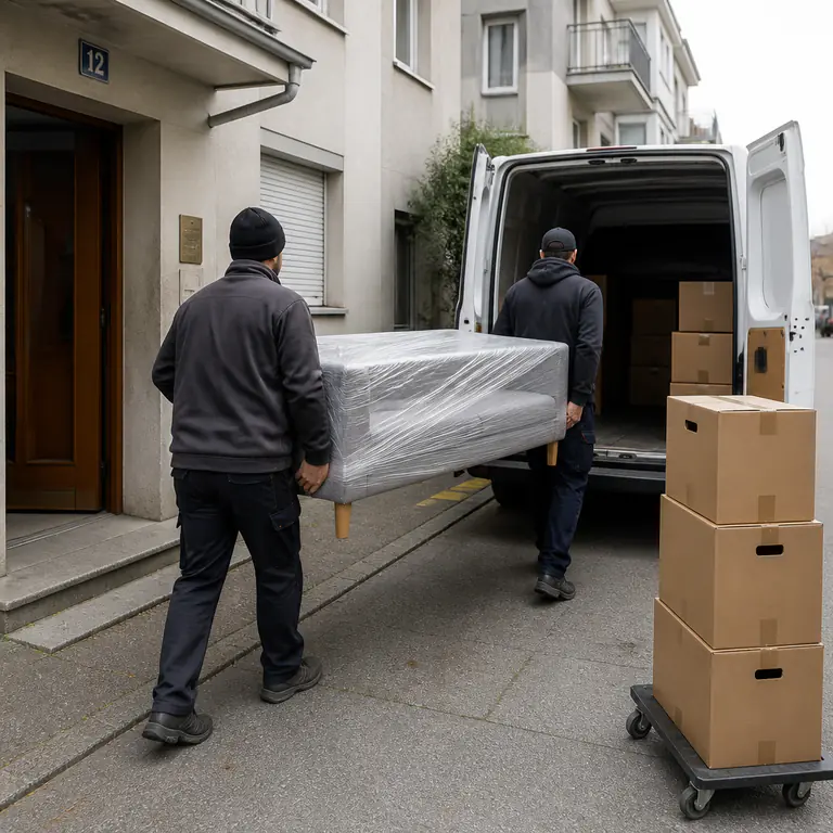 Ablauf einer Wohnungsräumung Umzugshelfer tragen Möbel und Kartons aus einer Wohnung in einen Transporter